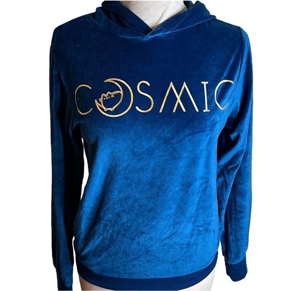Pusheen Cat Velour “Cosmic” Hoodie Navy Royal Blue Sweatshirt Size Extra Small